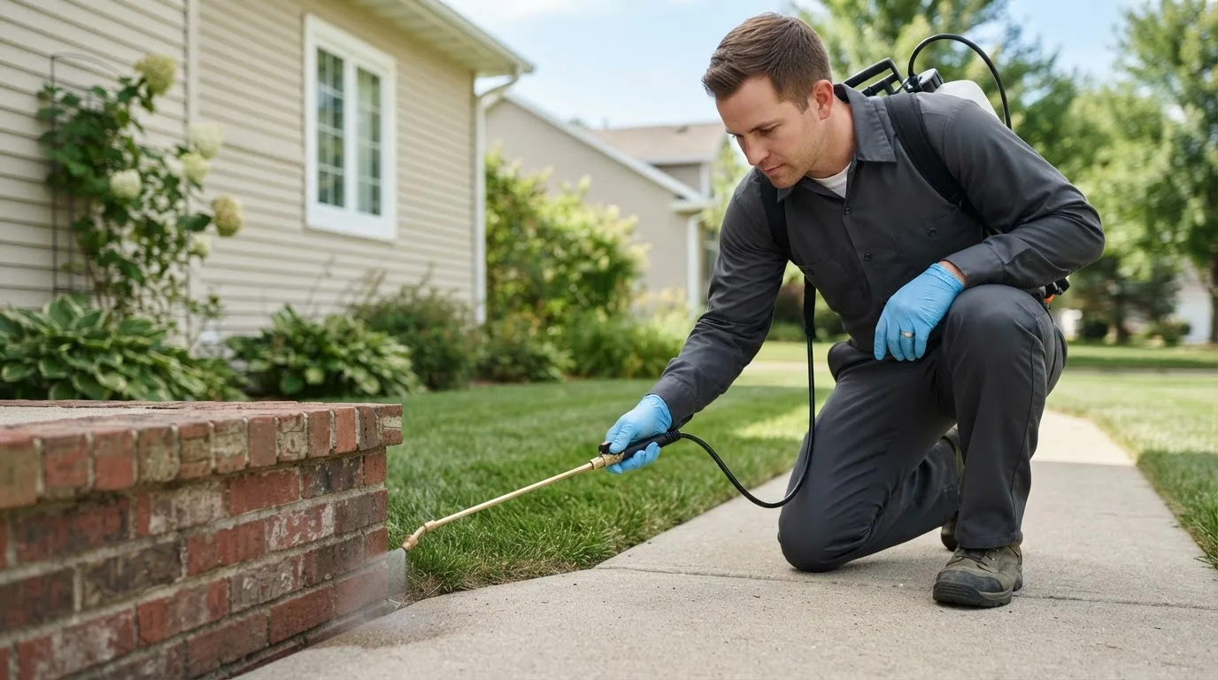 Pest control technician treating a home near Bradenville, PA