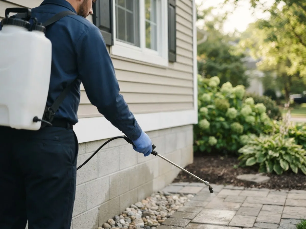 Pest control technician inspecting a home in Bradenville, PA